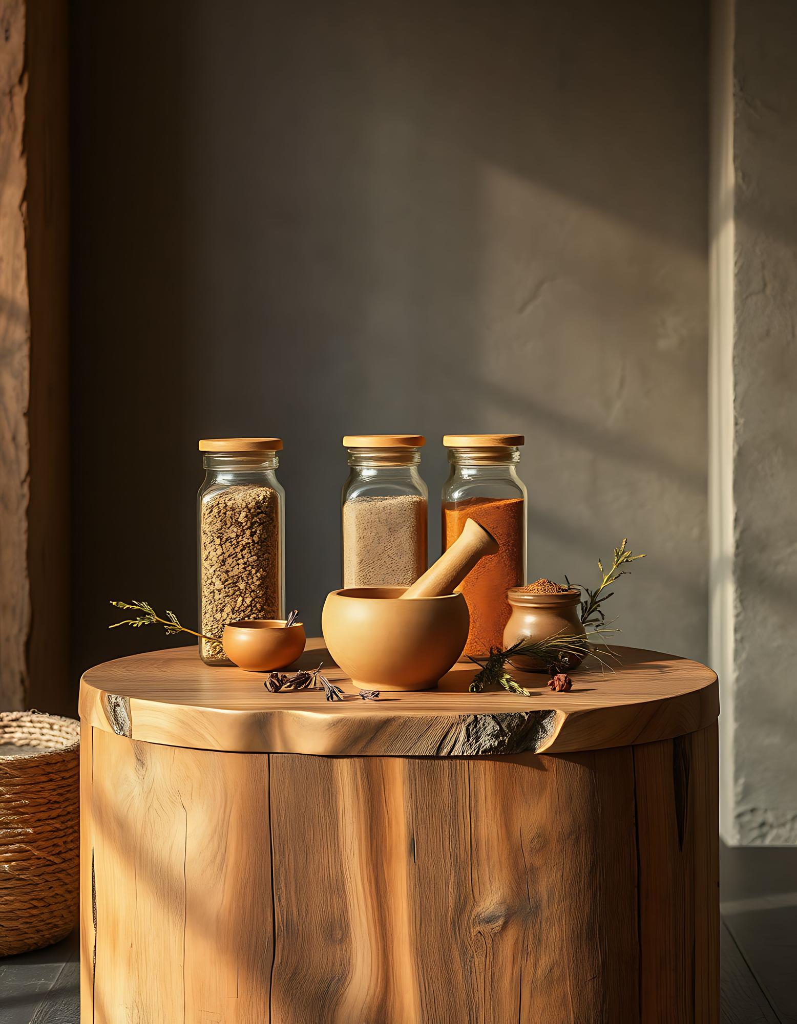 Herbs and jars on wooden shelf