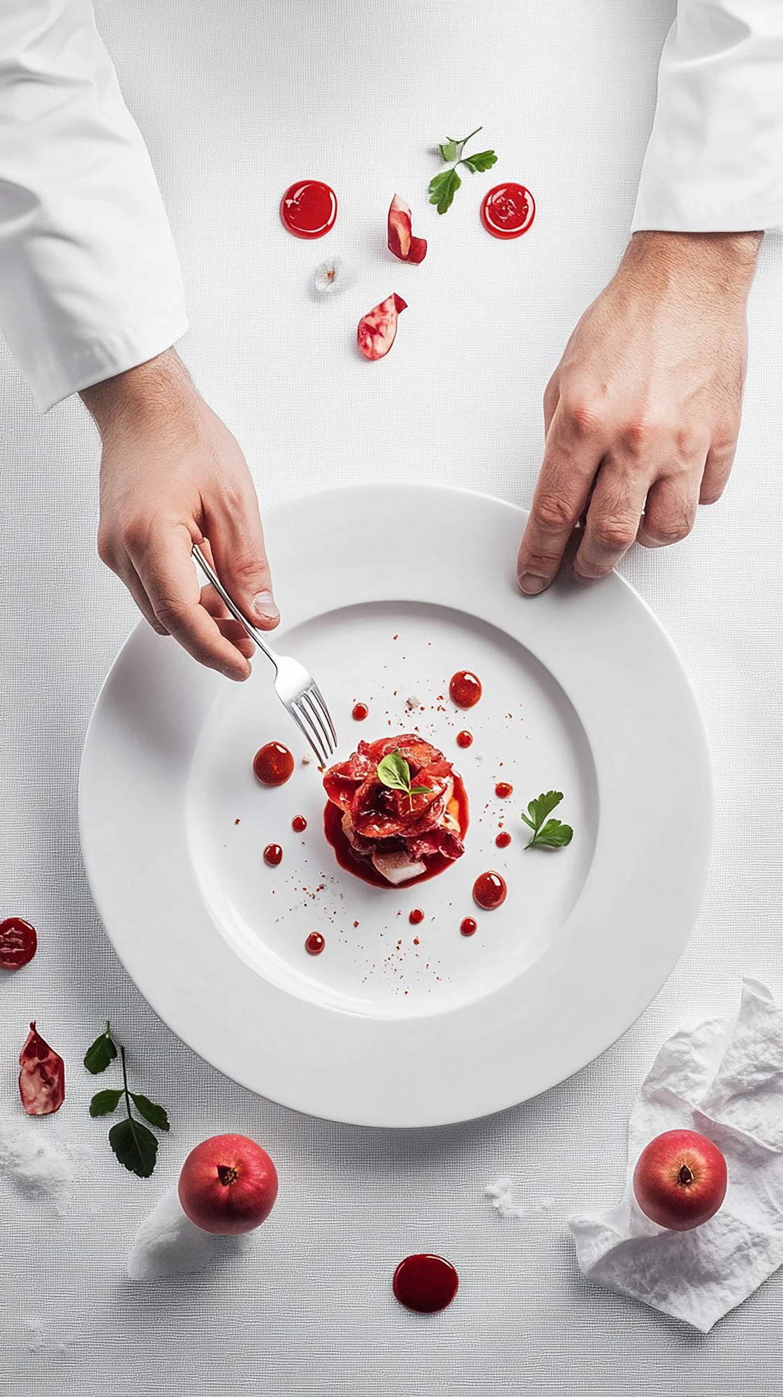 Chef arranging a plated dish in studio kitchen